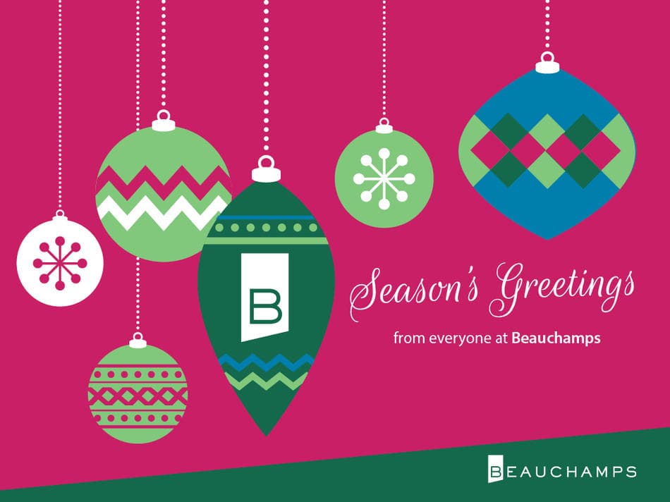 Beauchamps Christmas card - hanging baubles with Beauchamps branding and Season's greetings message