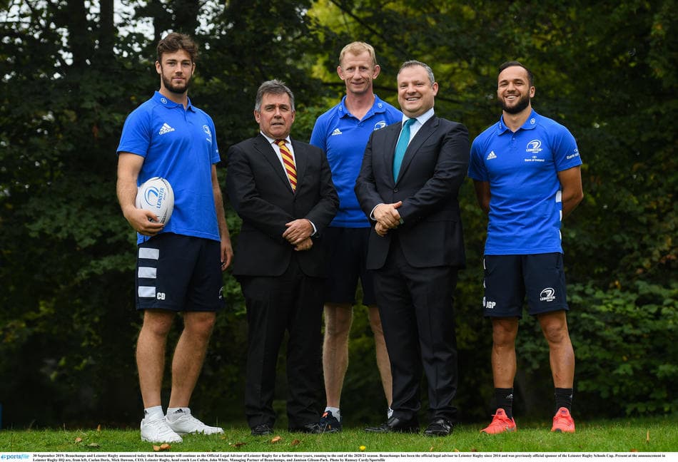 Beauchamps sponsorship renewal announcement with John White, Leo Cullen, Mich Dawson, Caelan Doris and Jamison Gibson-Park